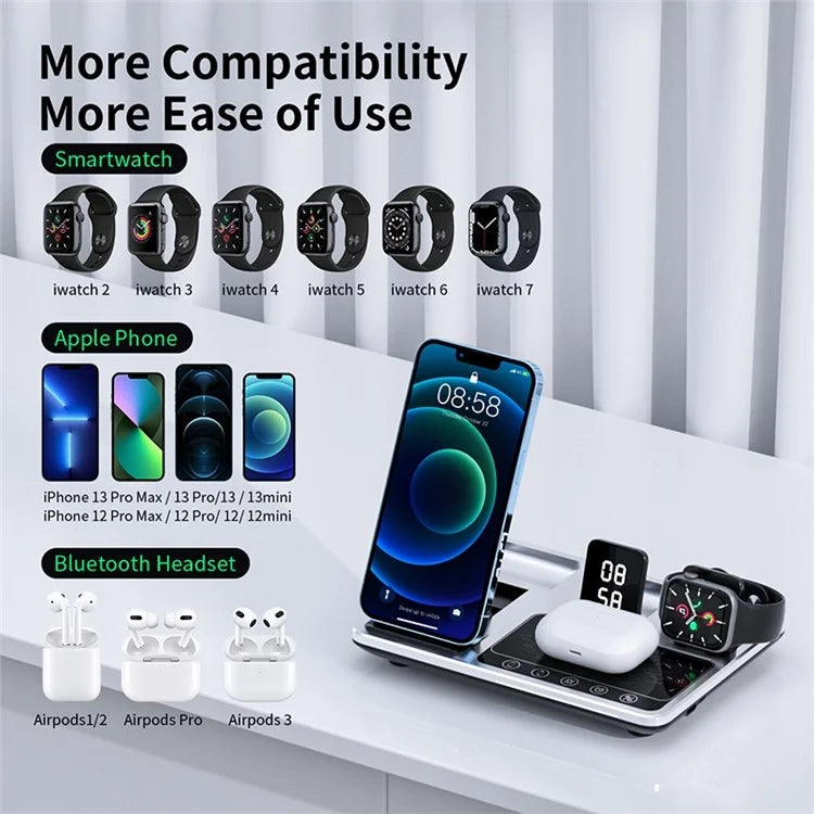 R11 Multifunctional 4 in 1 Wireless Charger Folding Portable Charging Station with Digital Display, White Light, Time Function ( Silver ) R11 Multifunctional 4 in 1 Wireless Charger Folding Portable Charging Station with Digital Display, White Light, Time Function ( Silver )